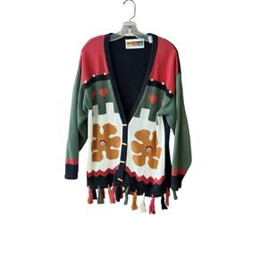 Vintage Colorblock Cardigan Sweater Sz Small Boho Fringe Tassel Flower Patchwork